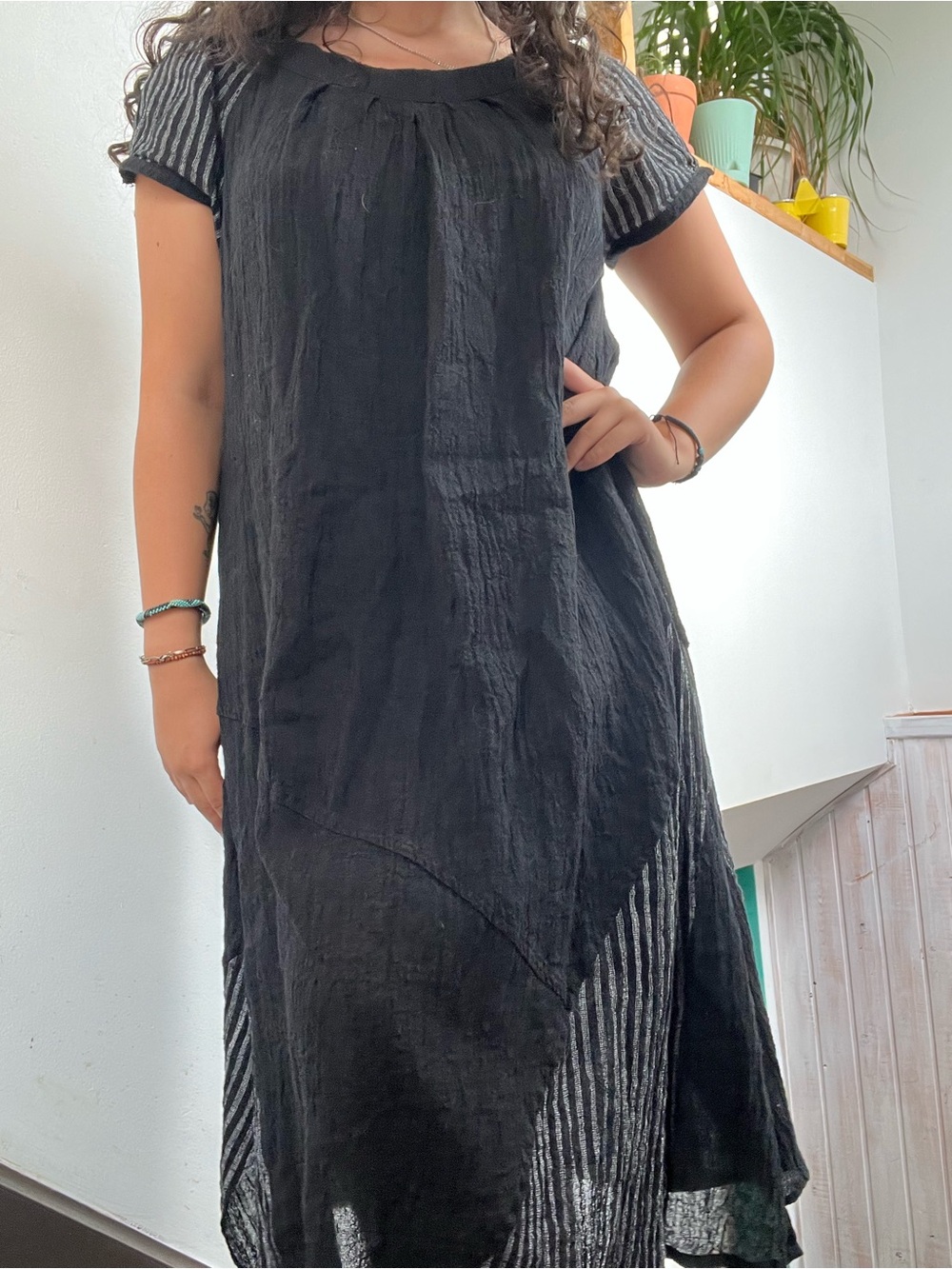Animale Black Short-Sleeve Layered Maxi Dress with Striped Accents cotton